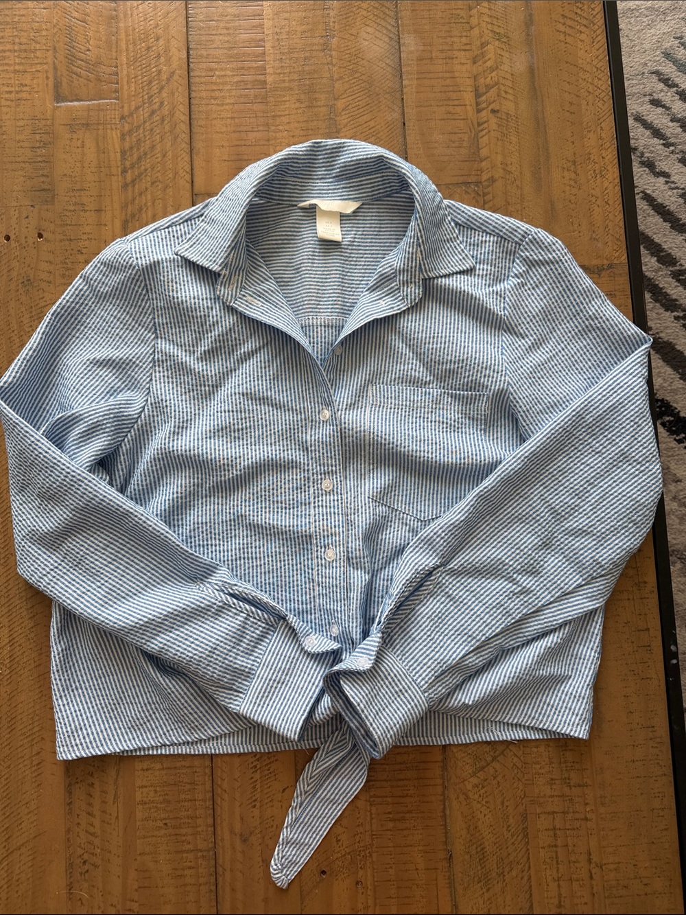 H&M Blue and White Striped Tie-Front Shirt